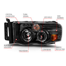Load image into Gallery viewer, ANZO 111490 2002-2005 Dodge Ram 1500 Projector Headlights w/ Halo Black Clear Amber