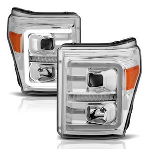 ANZO 111407 11-16 Ford F-250/F-350/F-450 Projector Headlights w/ Plank Style Switchback Chrome w/Amber