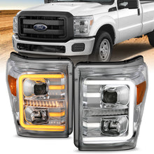 Load image into Gallery viewer, ANZO 111407 11-16 Ford F-250/F-350/F-450 Projector Headlights w/ Plank Style Switchback Chrome w/Amber