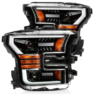 AlphaRex 15-17 Ford F-150 17-20 Ford F-150 Raptor Projector Headlights Plank Style Design Gloss Black w/ Activation Sequential Signal