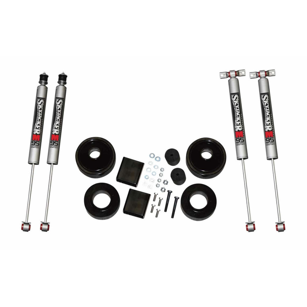 Suspension Lift Kit 07-18 Wrangler JK w/Shock M95 Performance Shocks 2 Inch Lift Incl. Front/Rear 2 Inch Polyurethane Coil Spring Spacers w/Bump Stop Spacers Skyjacker
