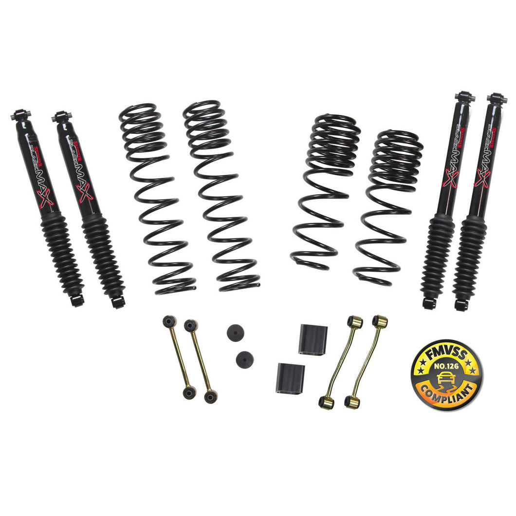 Long Travel Series Suspension Lift Kit w/Shocks 2-2.5 Inch Lift 18-19 Jeep Wrangler Sport 18-19 Jeep Wrangler Sport S Incl. Long Travel Coil Springs Extended Sway Bar Links Bump Stop Extensions Long Travel Black Max Shocks Skyjacker