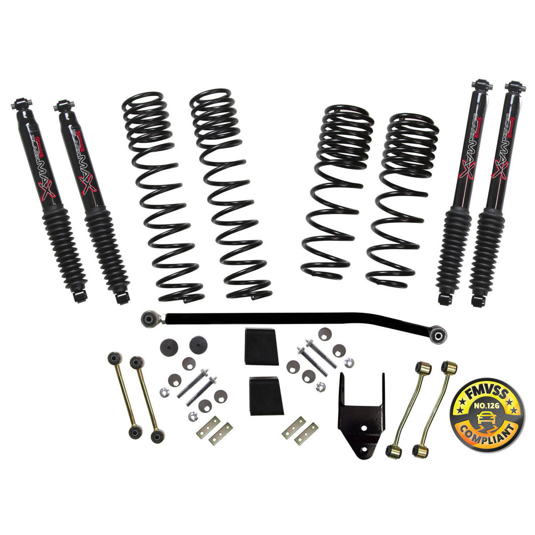 Long Travel Series Suspension Lift Kit w/Shocks 3.5 Inch Lift 18-19 Jeep Wrangler Sport 18-19 Jeep Wrangler Sport S Incl. Long Travel Coil Springs Extended Sway Bar Links Bump Stop Extensions Long Travel Black Max Shocks Skyjacker
