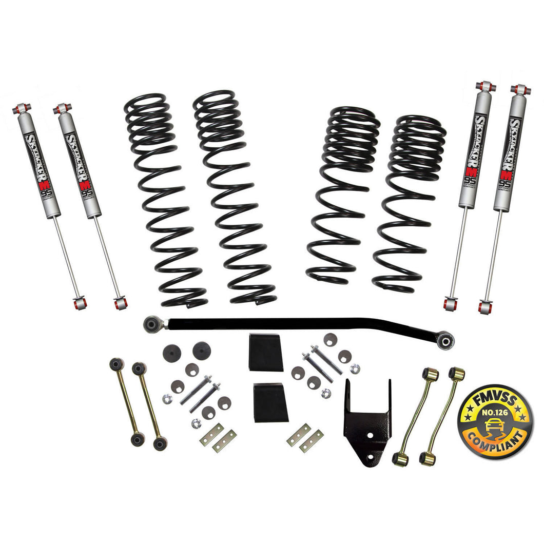 Long Travel Series Suspension Lift Kit w/Shocks 3.5 Inch Lift 18-19 Jeep Wrangler Rubicon Incl. Long Travel Coil Springs Extended Sway Bar Links Bump Stop Extensions Long Travel M95 Monotube Shocks Skyjacker
