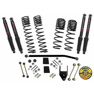 Suspension Lift Kit w/Shock 3.5-4 Inch Lift 18-19 Jeep Wrangler W/Frt./Rear Dual Rate/Long Travel Series Coil Springs Extended Sway Bar End Links Grade 8 Mounting Hdwr Black MAX Shocks Skyjacker
