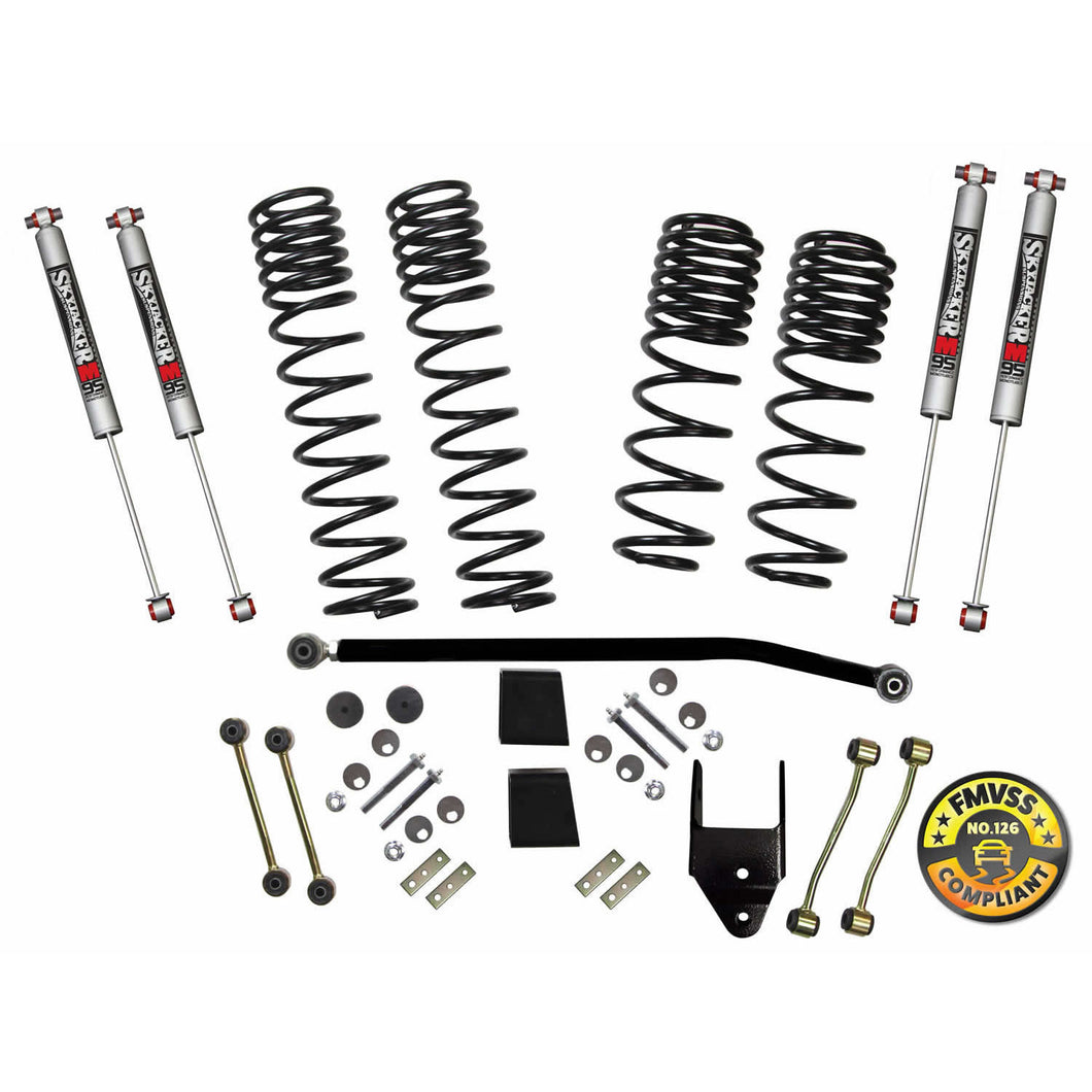 Suspension Lift Kit w/Shock 3.5-4 Inch Lift 18-19 Jeep Wrangler Unlimited Rubicon Incl. Ft. And R. Dual Rate/Long Travel Series Coil Springs Extended Sway Bar End Links Grade 8 Mounting Hdwr M95 Monotube Shocks Skyjacker
